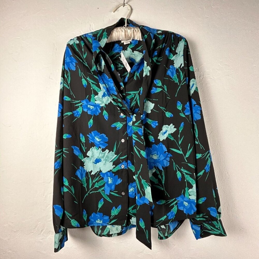 New J.Crew Women Medium Long-sleeve Bow Top Blouse Black Blue Floral AS363 $69